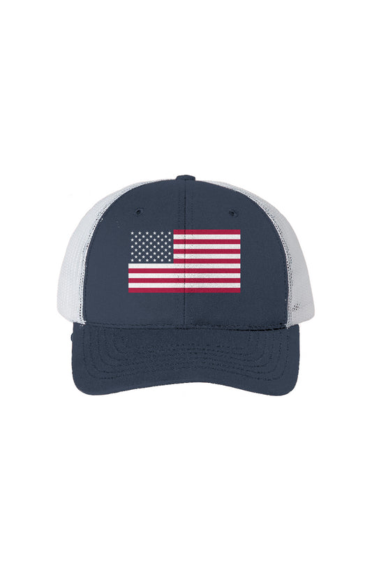 Printed American Flag Hat USA-Made-White Mesh Trucker Cap