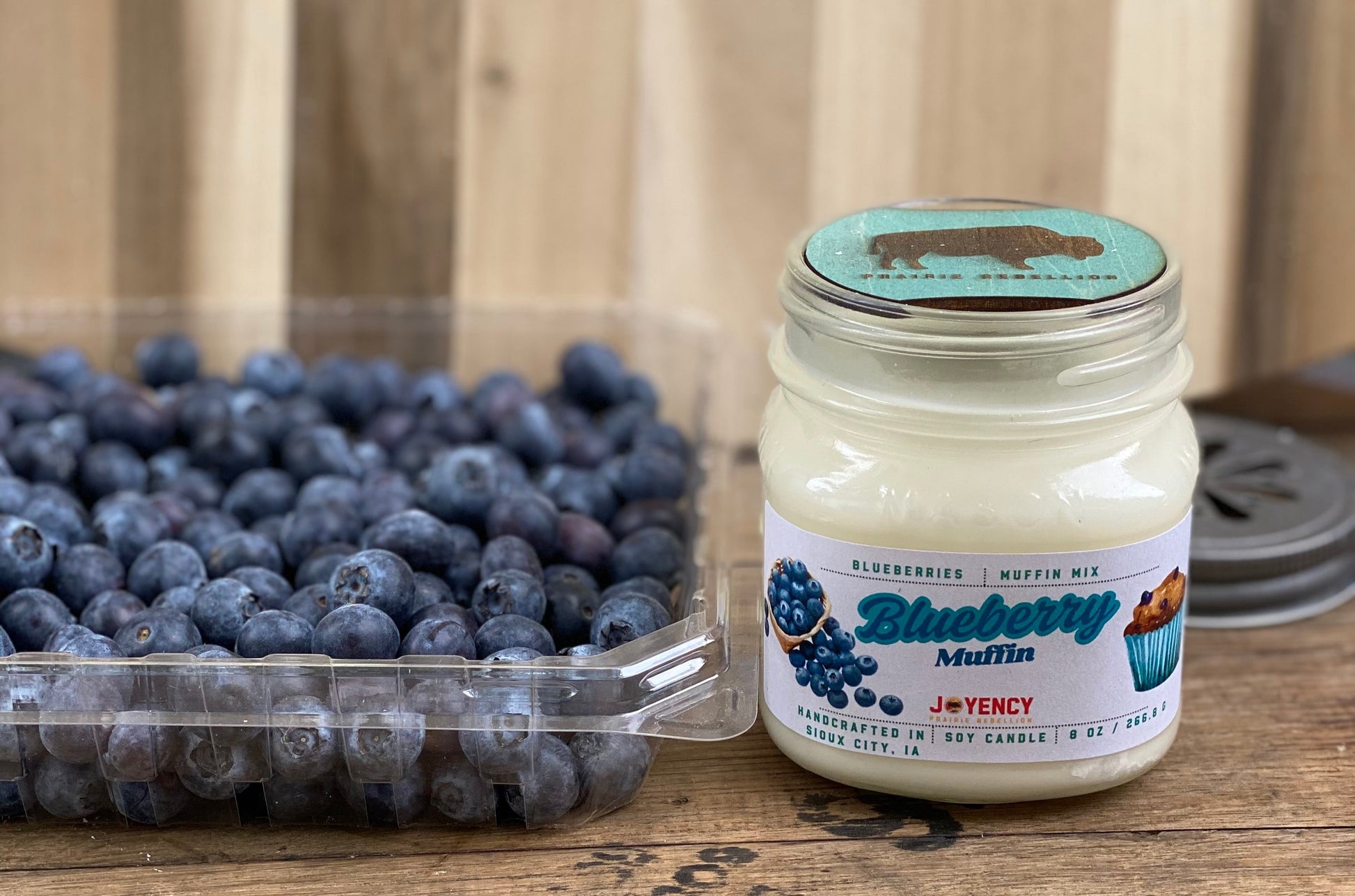 Blueberry Muffin hand-poured soy candle with blueberries