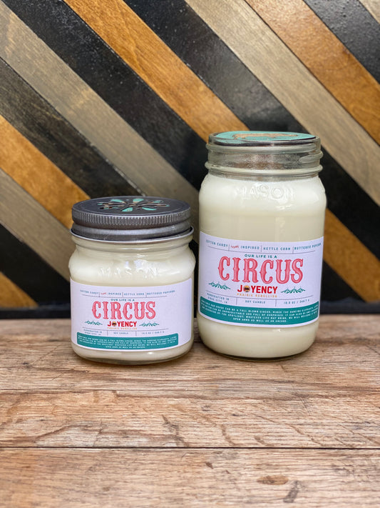 Our Life is a Circus hand-poured soy candle with circus theme