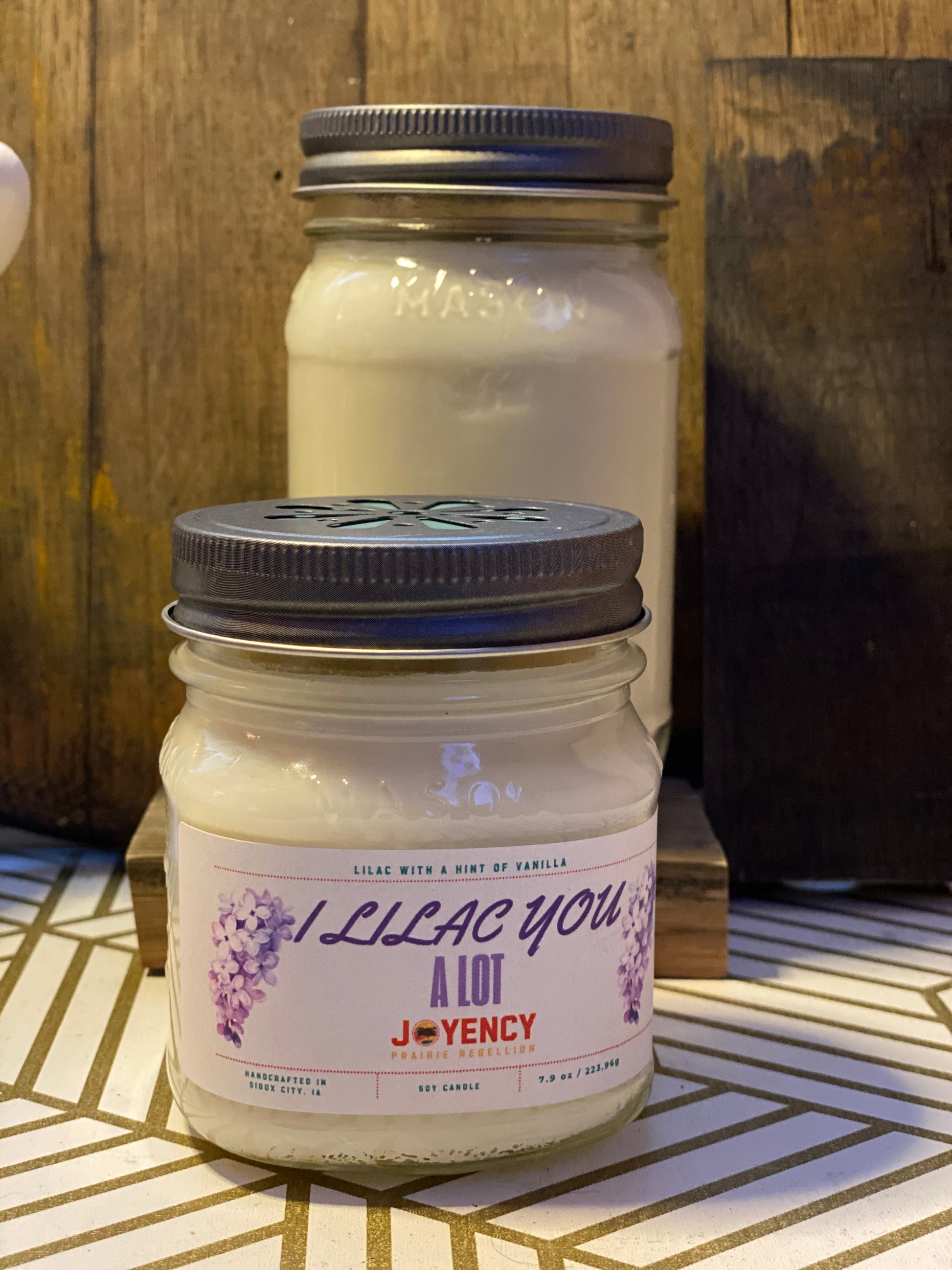I Lilac You A Lot hand-poured soy candle with lilac flowers