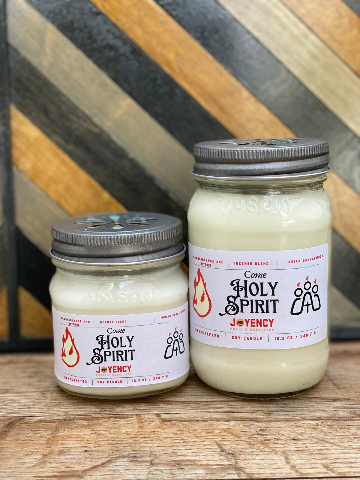 Come Holy Spirit frankincense and myrrh soy candles in 8 oz and 16 oz mason jars.