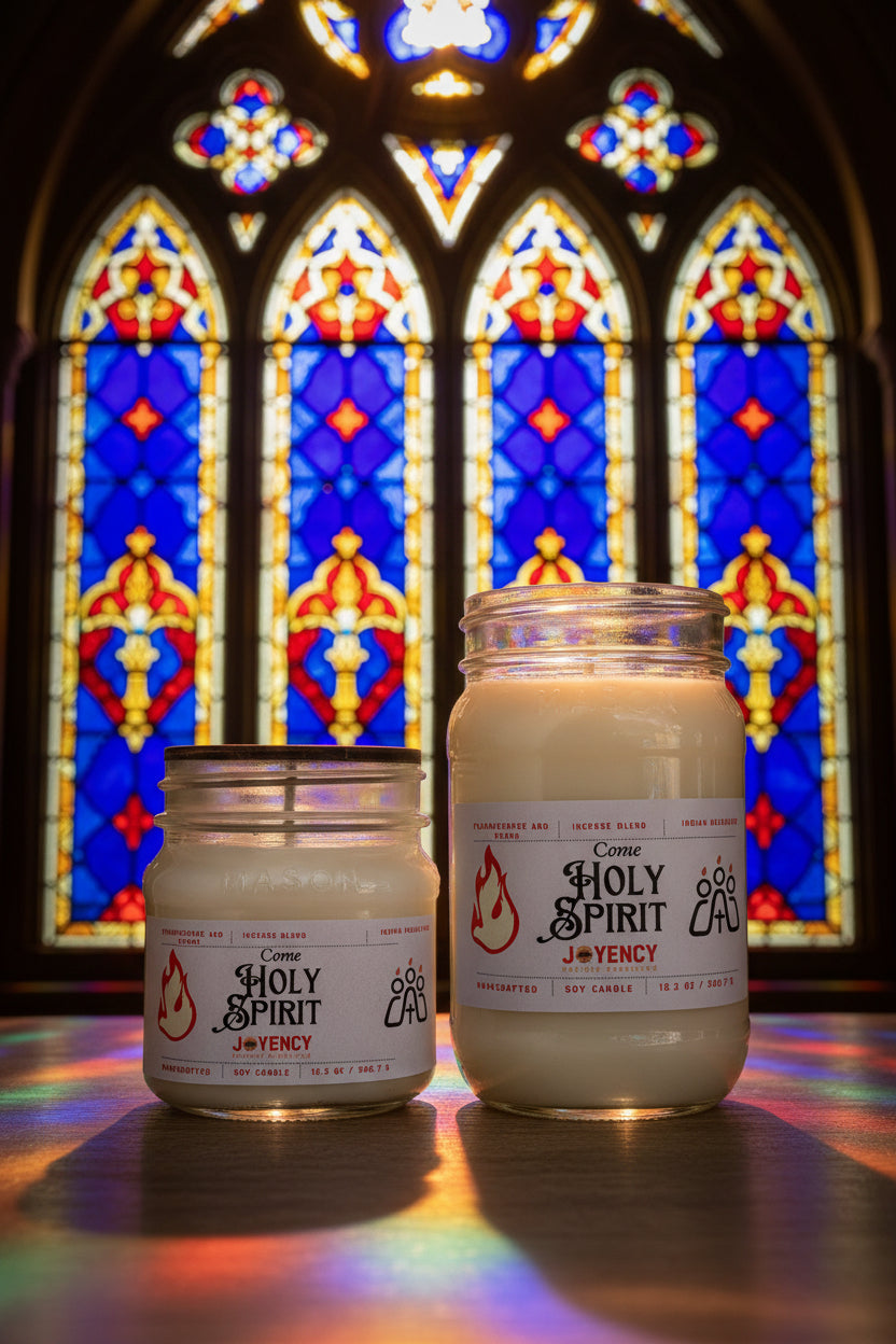 Come Holy Spirit frankincense and myrrh soy candles in front of church stained glass windows