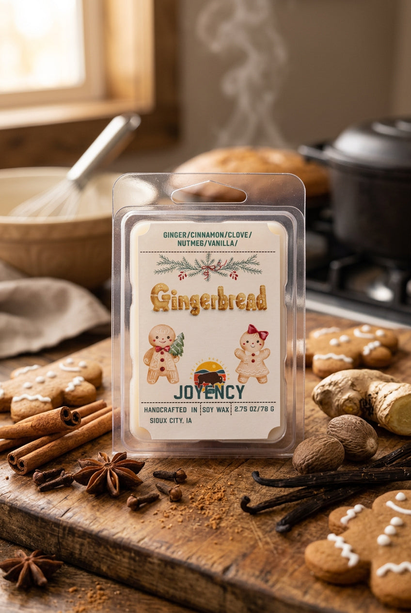 Gingerbread soy wax melts by Joyency, hand-poured with warm holiday fragrance notes of ginger, cinnamon, clove, nutmeg, and vanilla.