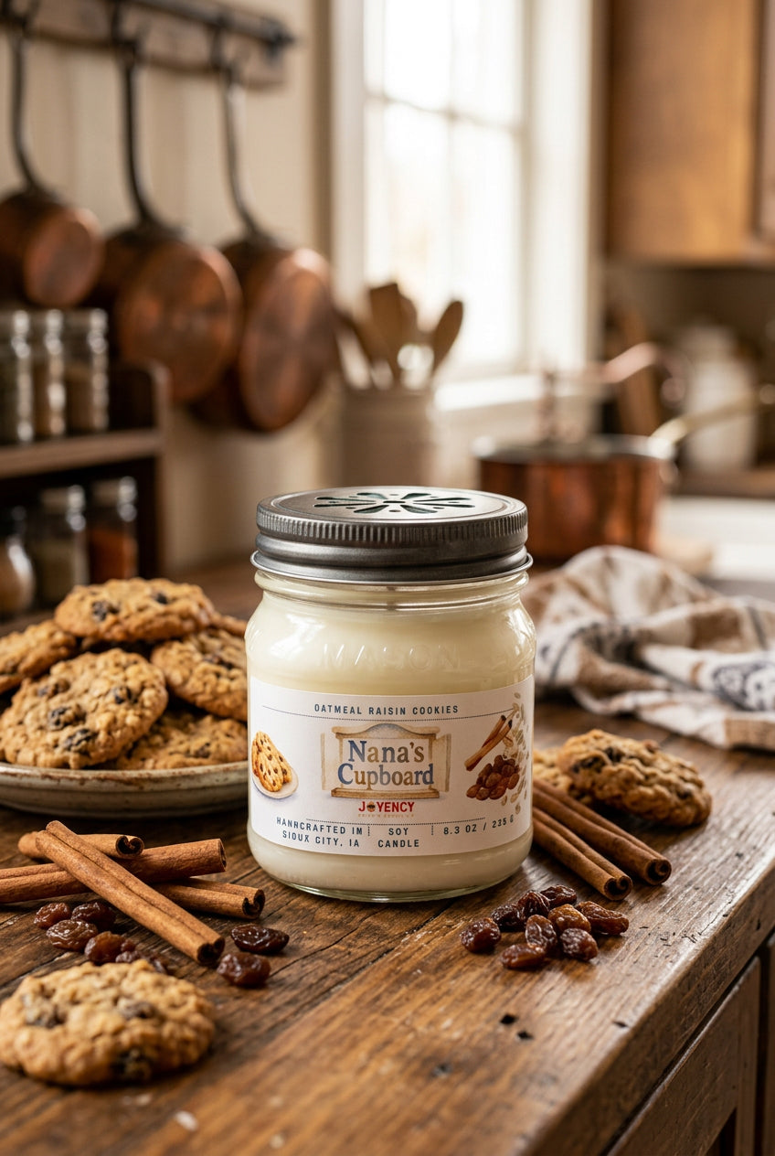 Nana's Cupboard hand-poured soy candle in a mason jar by Joyency, featuring an oatmeal raisin cookie-inspired fragrance.