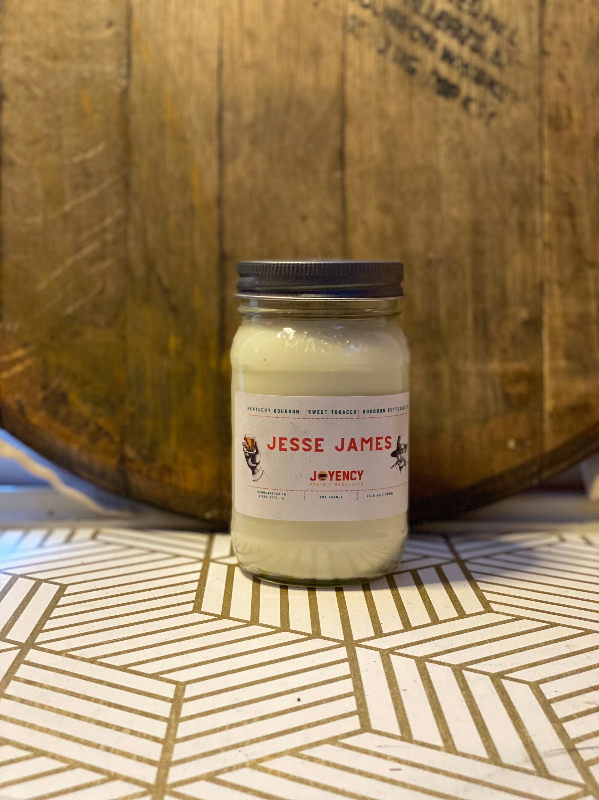 Jesse James soy candle jar.