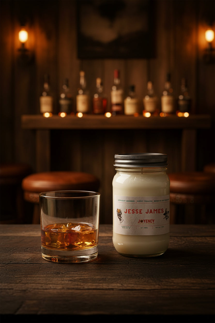Jesse James whiskey and tobacco soy candle with whiskey glass in rustic bar setting