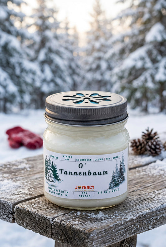 O' Tannenbaum hand-poured soy wax Christmas candle by Joyency in a mason jar, with evergreen, cedar, cypress and fir fragrance.
