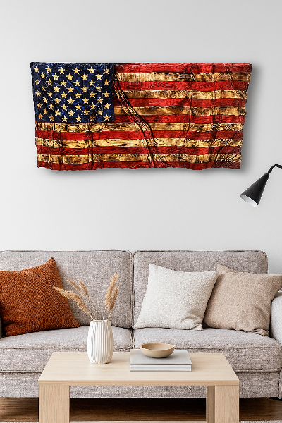 Handcrafted traditional wooden American flag displayed on a wall