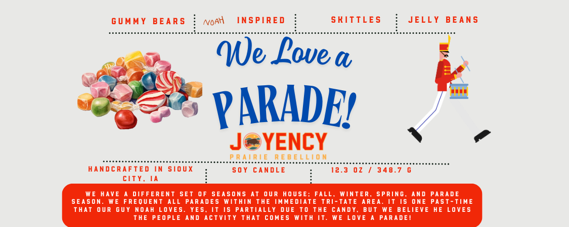 We Love A Parade hand-poured candle with gummy bears and candy background