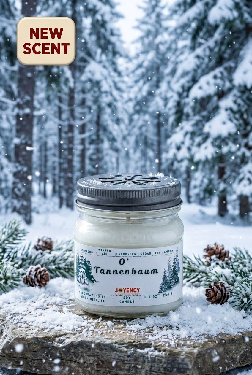 O' Tannenbaum Christmas tree soy candle by Joyency with New Scent promotional badge.