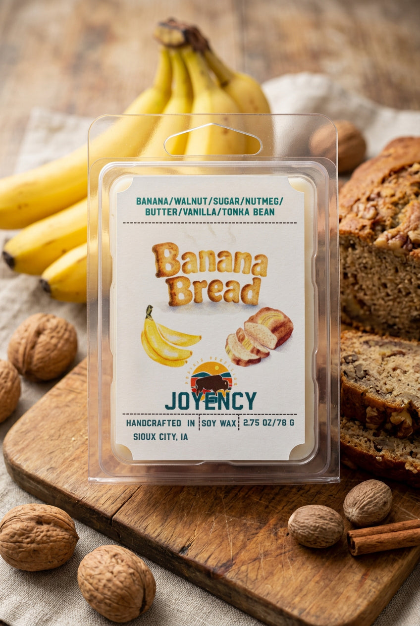Banana Bread soy wax melts by Joyency in a 2.75 oz package, featuring a warm bakery-inspired fragrance with banana, walnut, vanilla and nutmeg.