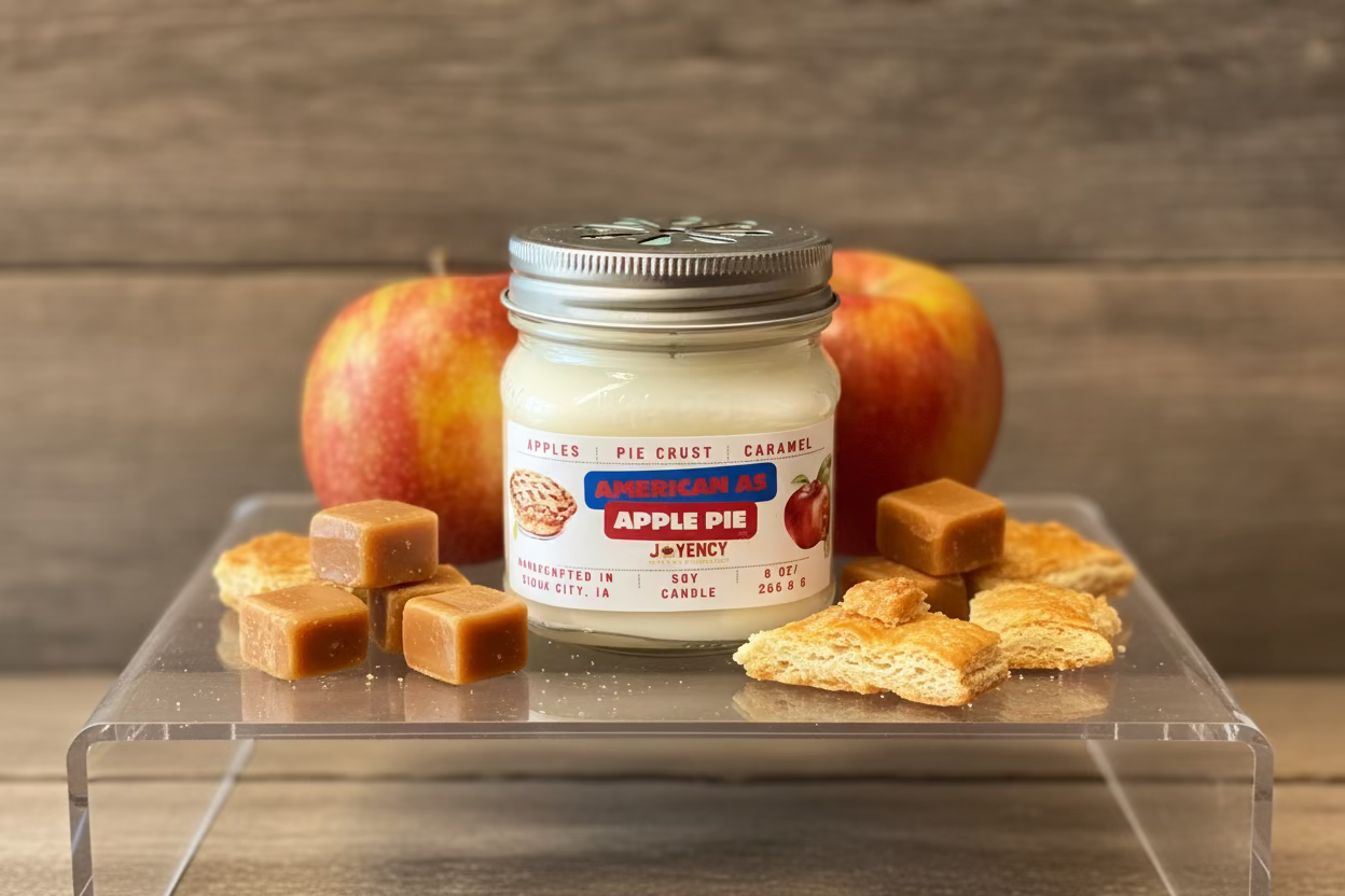 Jar of apple pie flavored cream cheese on a turntable with apples in the background