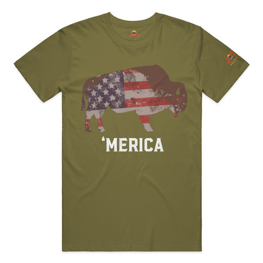 White Lettering Joyency Buffalo Shirt with distressed flag