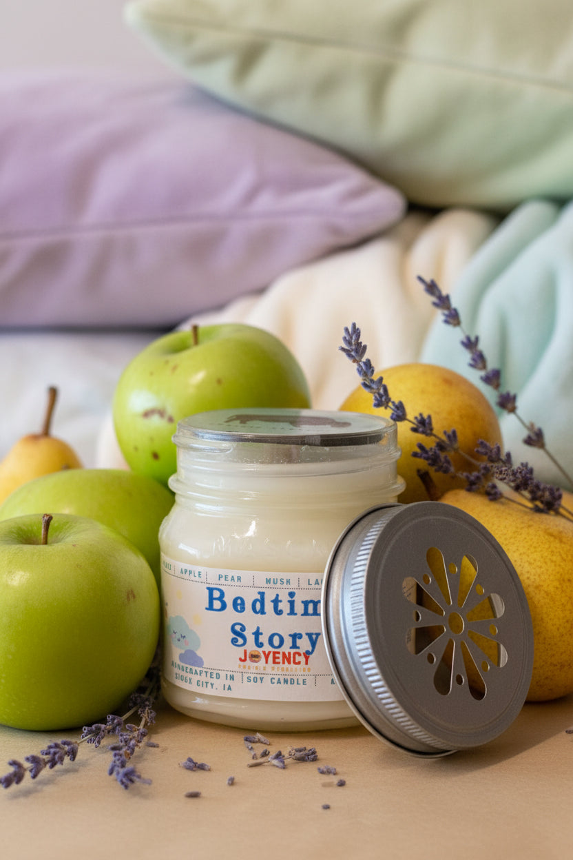 A glass jar candle with a silver metal lid leaning against it on a beige surface against a dark background. The label reads 'Bedtime Story' by Joyency.