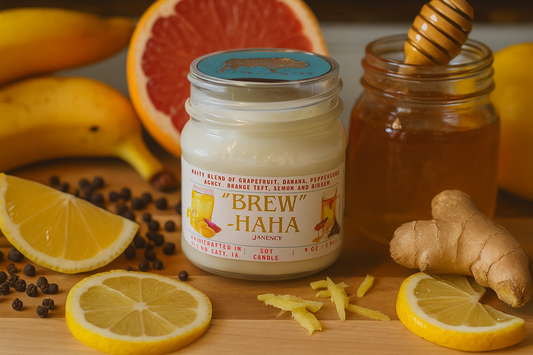 Brew-HaHa soy candle in mason jar with decorative metal lid
