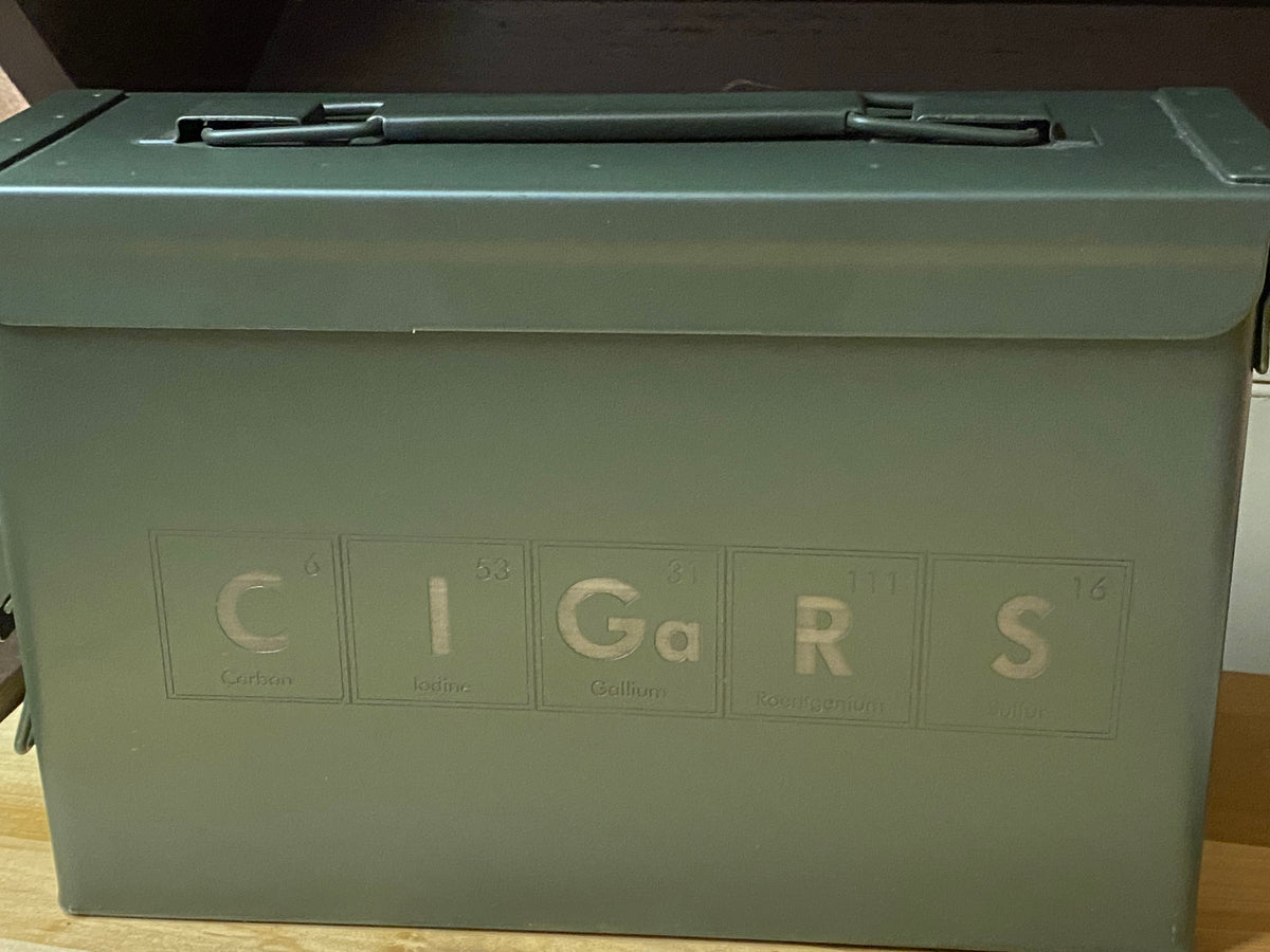The Prairie Provision ammo can cigar humidor with CIGARS engraving