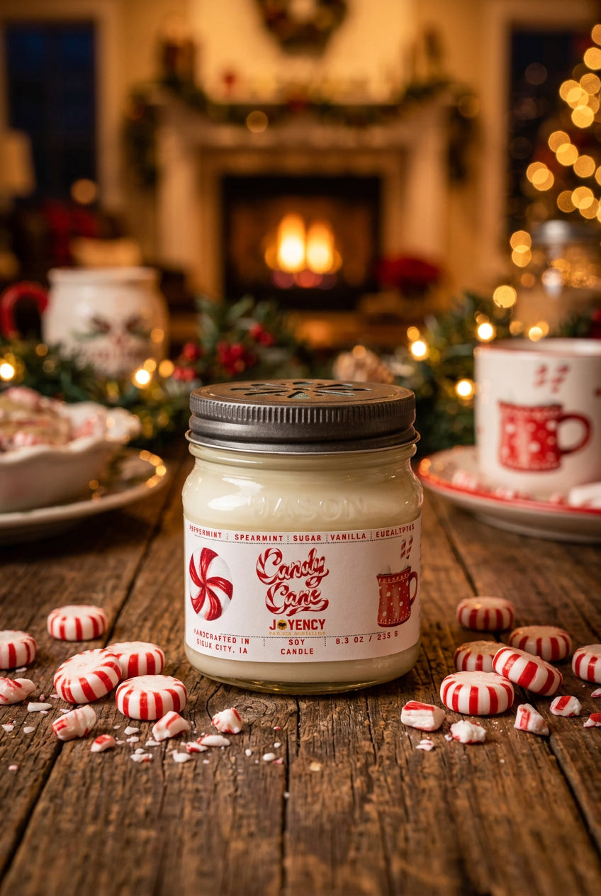 Candy Cane Soy Candle by Joyency, hand-poured peppermint and spearmint scented soy wax candle in a reusable mason jar.