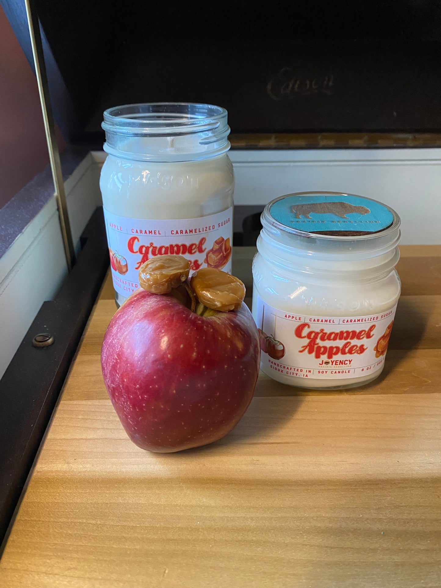 Caramel Apple hand-poured soy wax candle with apple and caramel tones