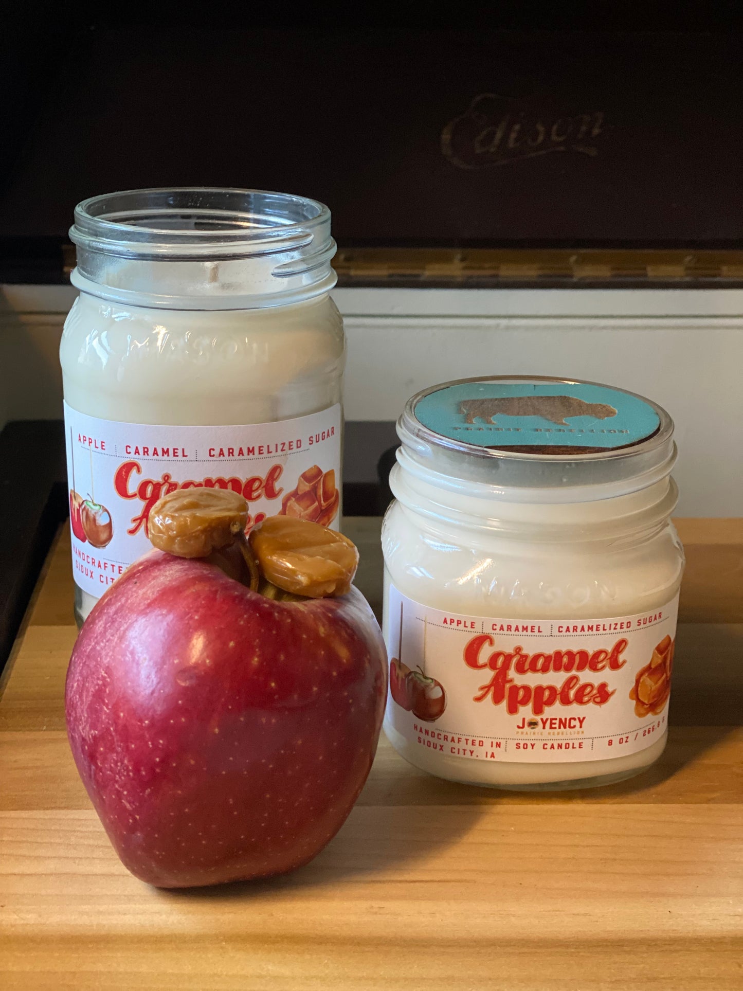Caramel Apple hand-poured soy wax candle with apple and caramel tones