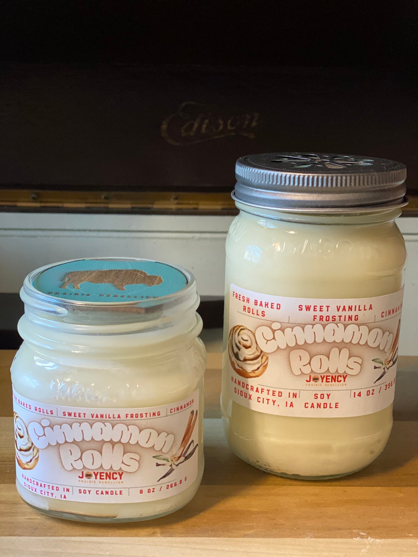 Cinnamon Rolls soy candle jars with bakery theme.