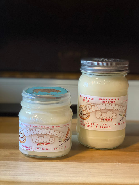 Cinnamon Rolls soy candle jars with bakery theme.