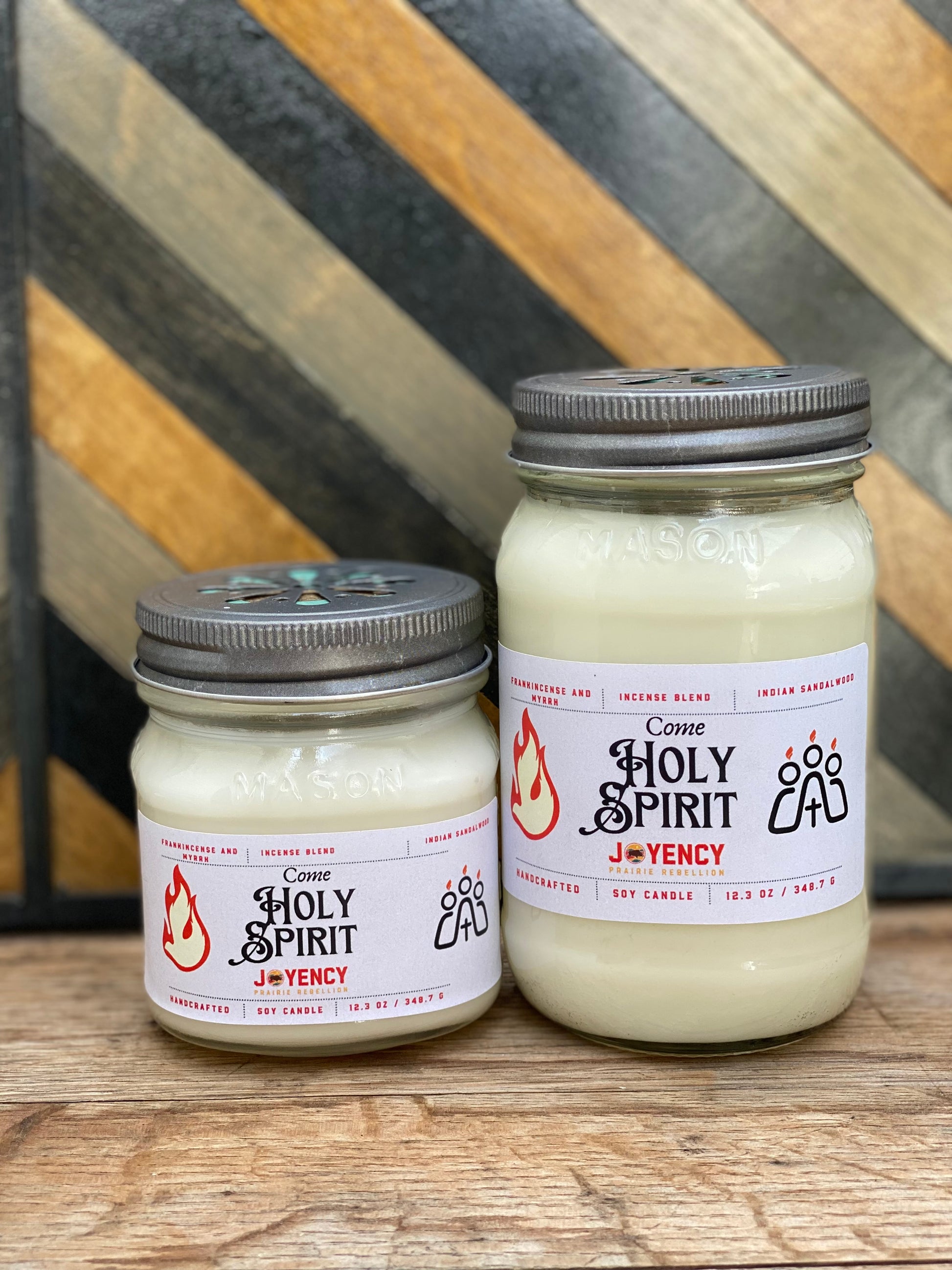 Come Holy Spirit frankincense and myrrh soy candles in 8 oz and 16 oz mason jars.
