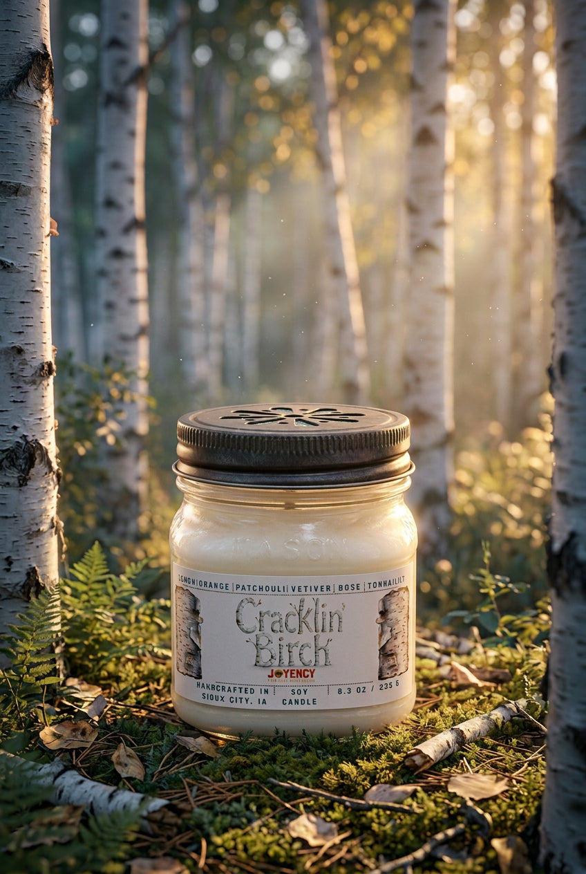 Cracklin' Birch Soy Candle by Joyency, hand-poured soy wax candle in a reusable mason jar.