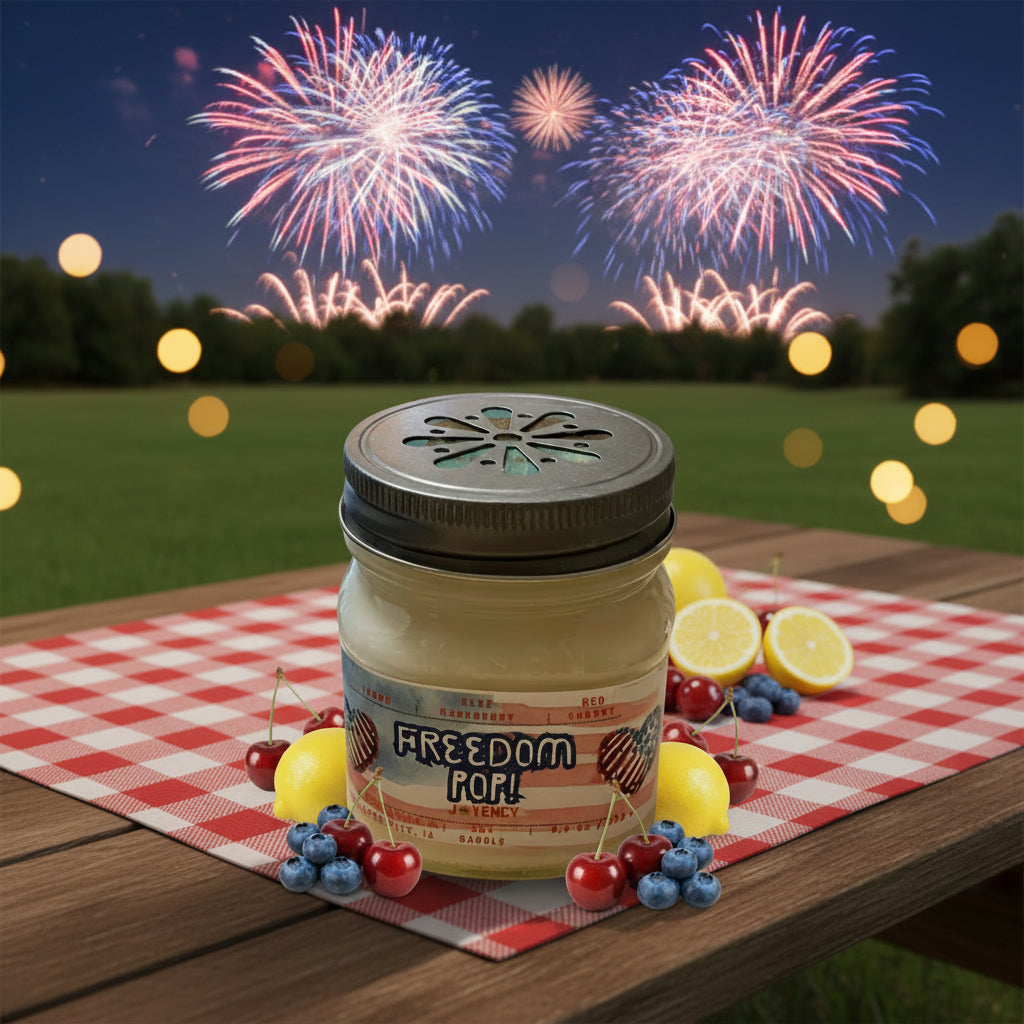 Freedom Pop patriotic soy candle with lemon, cherry and blueberry at a Fourth of July fireworks celebration.