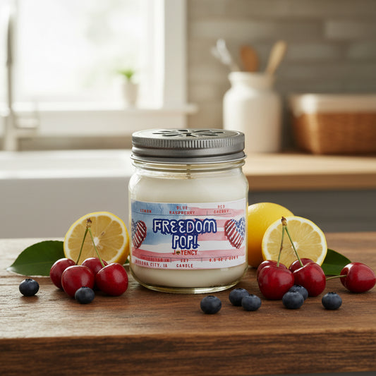 Freedom Pop patriotic soy candle with lemon, cherry and blueberry on a kitchen counter