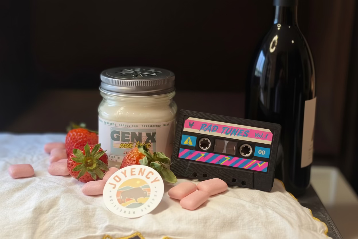 Jar of 'GENX' product with strawberries on a vintage radio