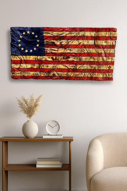 Handcrafted wooden Betsy Ross American flag displayed on a living room wall