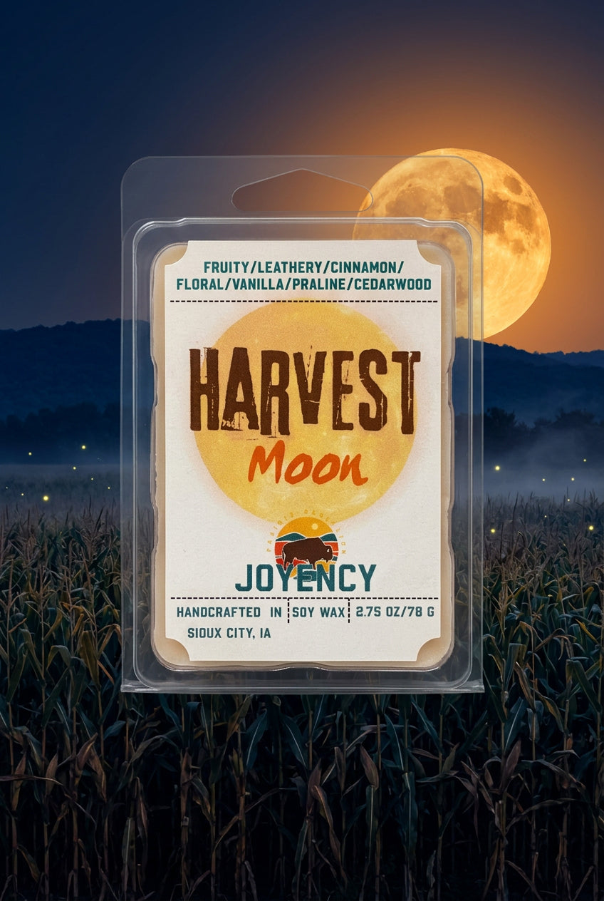 Harvest Moon soy wax melts by Joyency, a hand-poured autumn fragrance featuring cinnamon, leather, vanilla, praline and cedarwood.