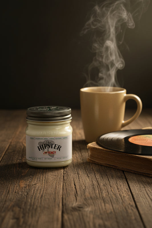 Hipster amber teakwood and coffee soy candle with coffee and vinyl record
