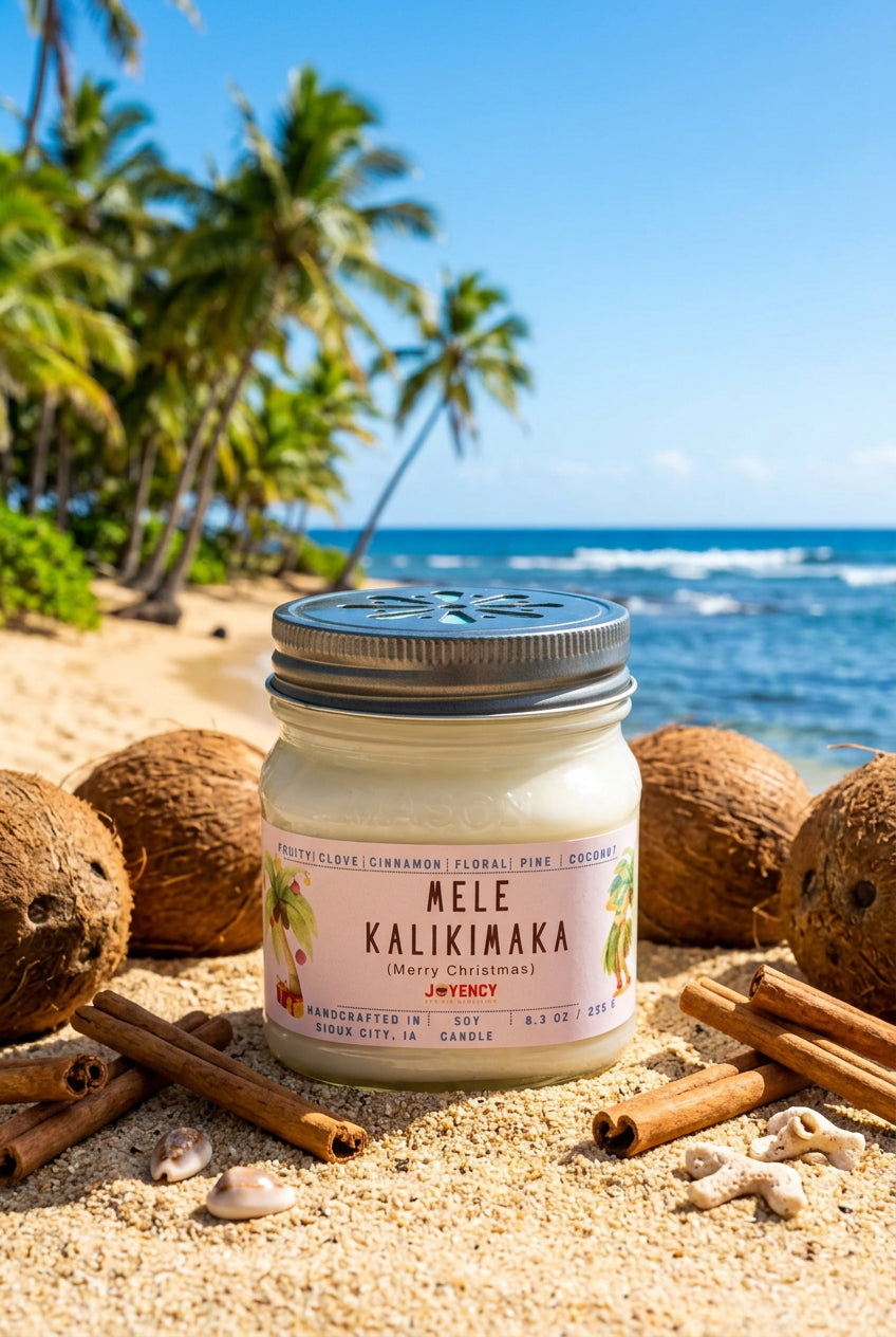 Mele Kalikimaka hand-poured soy candle in a mason jar by Joyency, featuring tropical fruit, cinnamon, clove, pine and coconut fragrance notes.