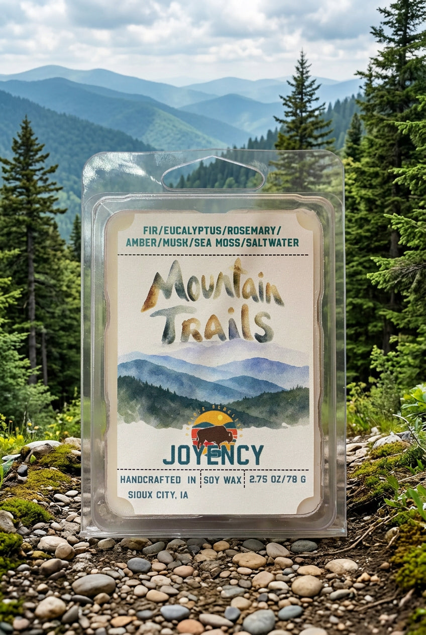 Mountain Trails soy wax melts by Joyency, featuring a fresh, woodsy fragrance with fir, eucalyptus, rosemary, amber and musk.