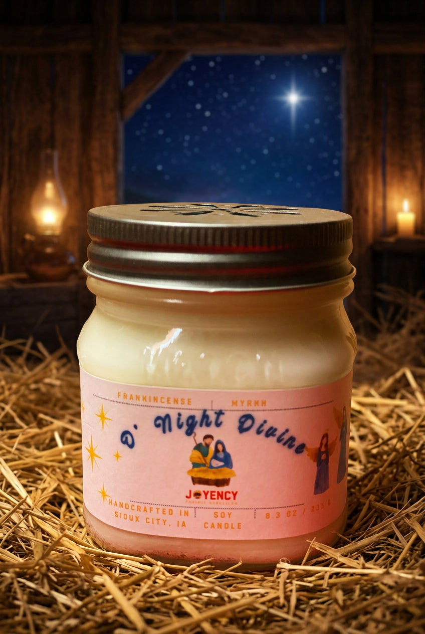 O' Night Divine hand-poured soy candle in a mason jar by Joyency, featuring a frankincense and myrrh fragrance.