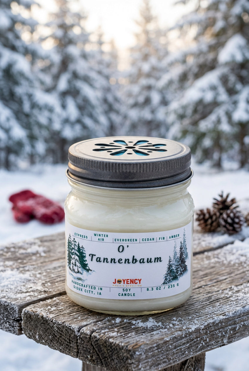 O' Tannenbaum hand-poured soy wax Christmas candle by Joyency in a mason jar, with evergreen, cedar, cypress and fir fragrance.