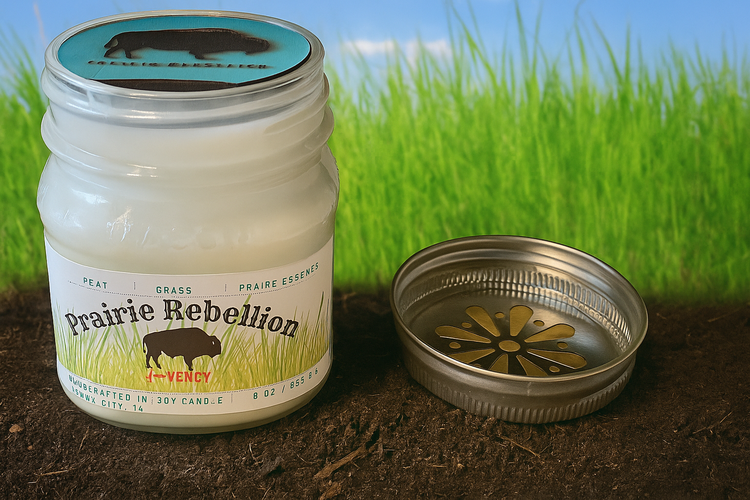 Prairie Rebellion hand-poured soy wax candle with prairie grass background