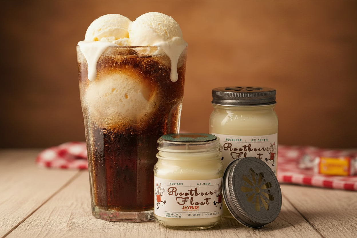 Three glass jars of Rootbeer Float ice cream on a beige surface, with one jar open and its lid placed beside it. The labels read Rootbeer Float and include names such as Rootbeer Float, J.