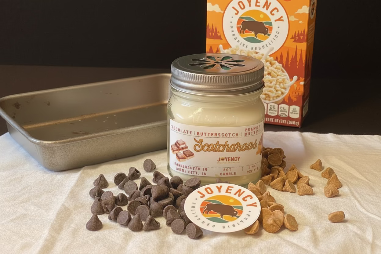 Jar of Joyency candle with chocolate chips and dog treats on a white surface