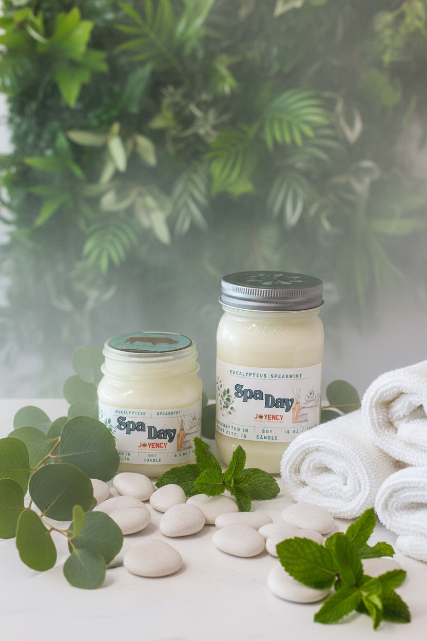 Two Spa Day scented soy candles by J'Yency in glass mason jars, one 6 oz and one 14 oz, with creamy off-white wax and blue labels, set on a tan surface against a dark background.