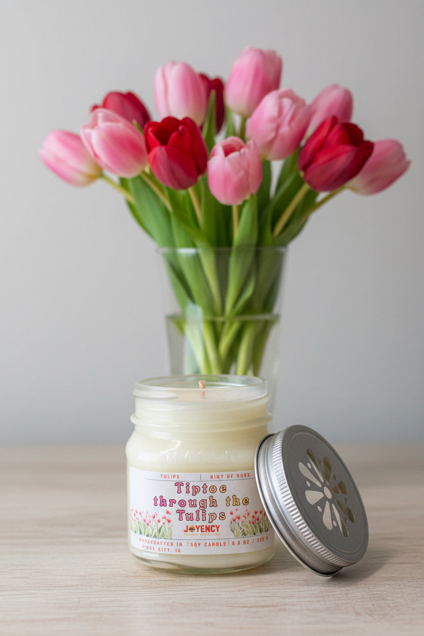 A jar candle labeled 'Tipoe through the Tulips' by Joyency, with a silver metal lid resting beside it on a light surface against a dark background.