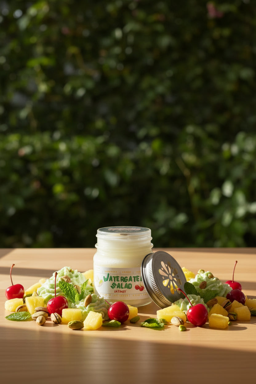 A jar candle labeled 'Watergate Salad' by J. of Yency, filled with pale yellow wax and shown with its metal lid leaning against it on a beige surface against a dark background.