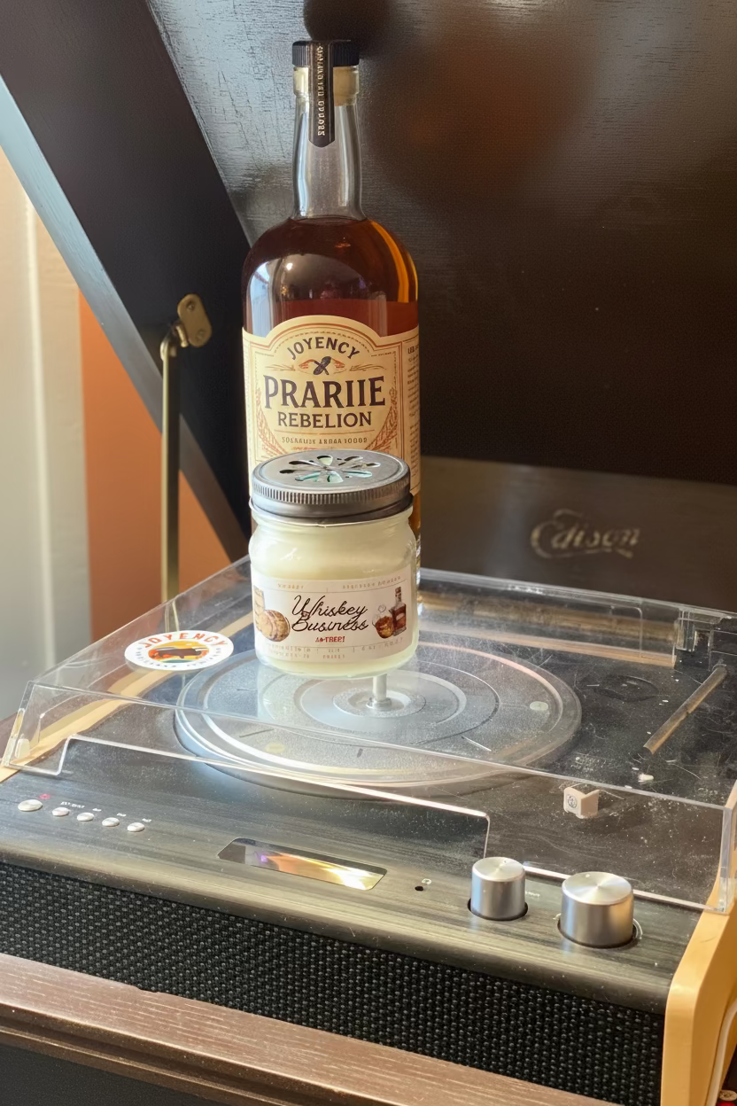 Bottle of 'Whiskey Business' on a vintage record player