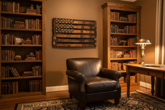 A rustic wooden American flag wall art piece made from stained wood planks, featuring a dark charred field with natural wood stars, shown against a white distressed wood background.