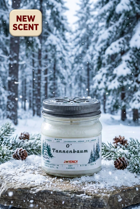 O' Tannenbaum Christmas tree soy candle by Joyency with New Scent promotional badge.