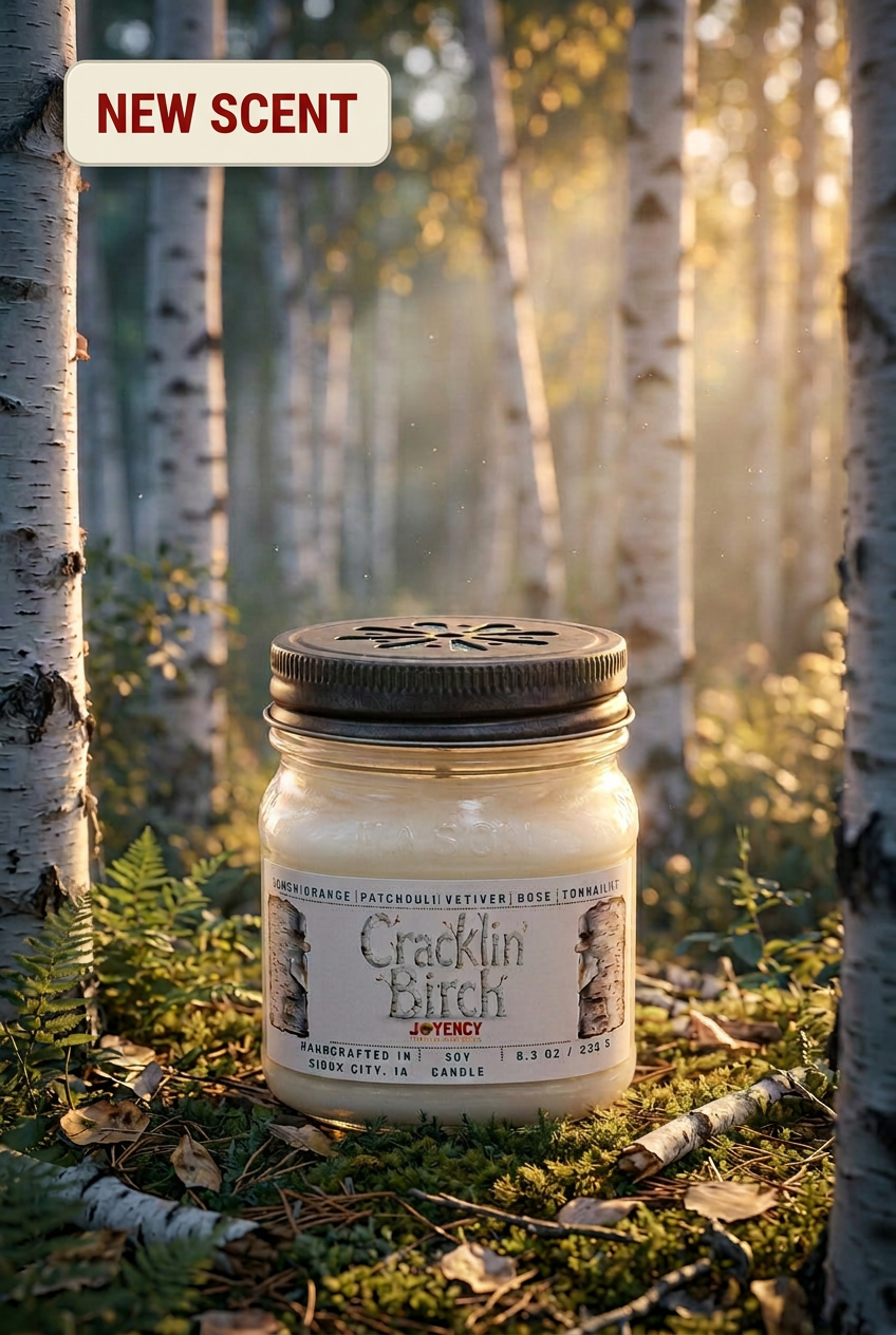 Joyency Cracklin' Birch soy candle featuring a New Scent announcement, hand-poured in Sioux City, Iowa.