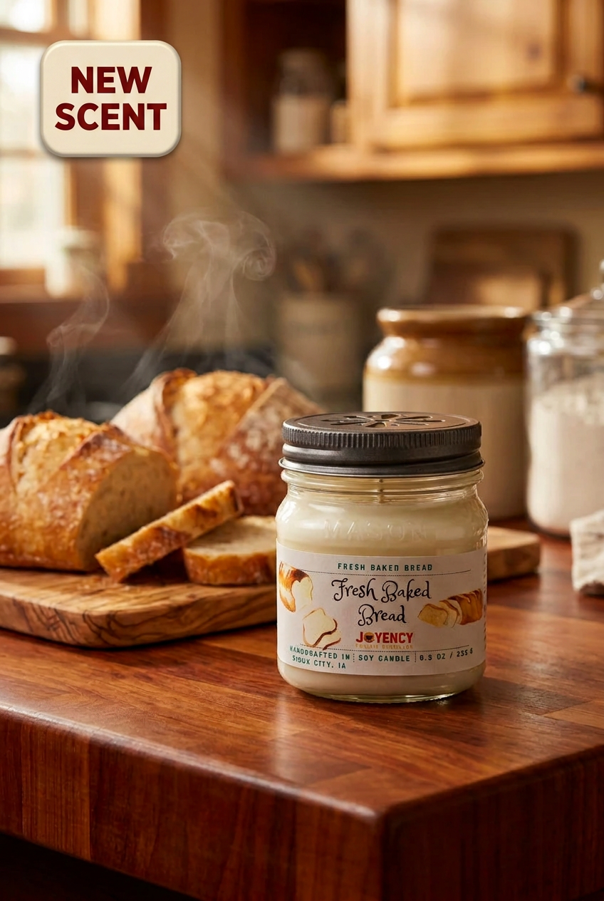 Fresh Baked Bread candle with a matching New Scent badge