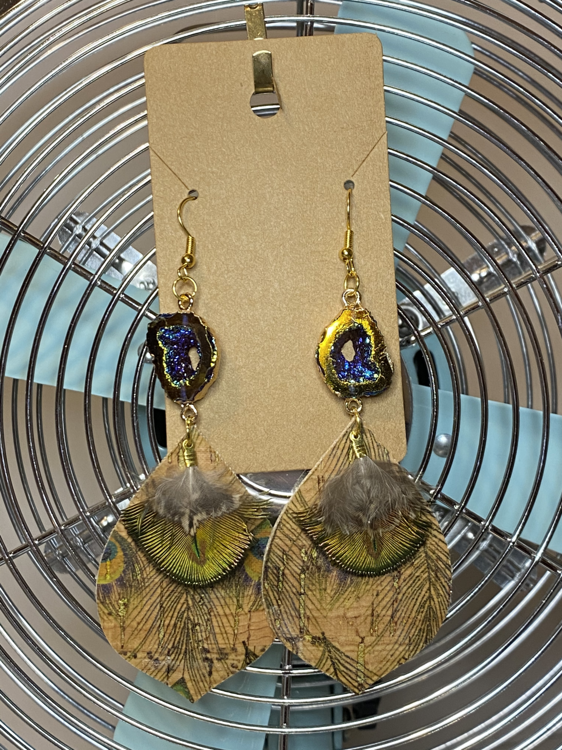 Peacock dangle with feather and druzy