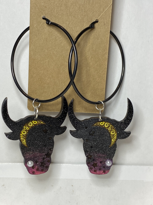 Large Black Hoop with Wooden Bull Head